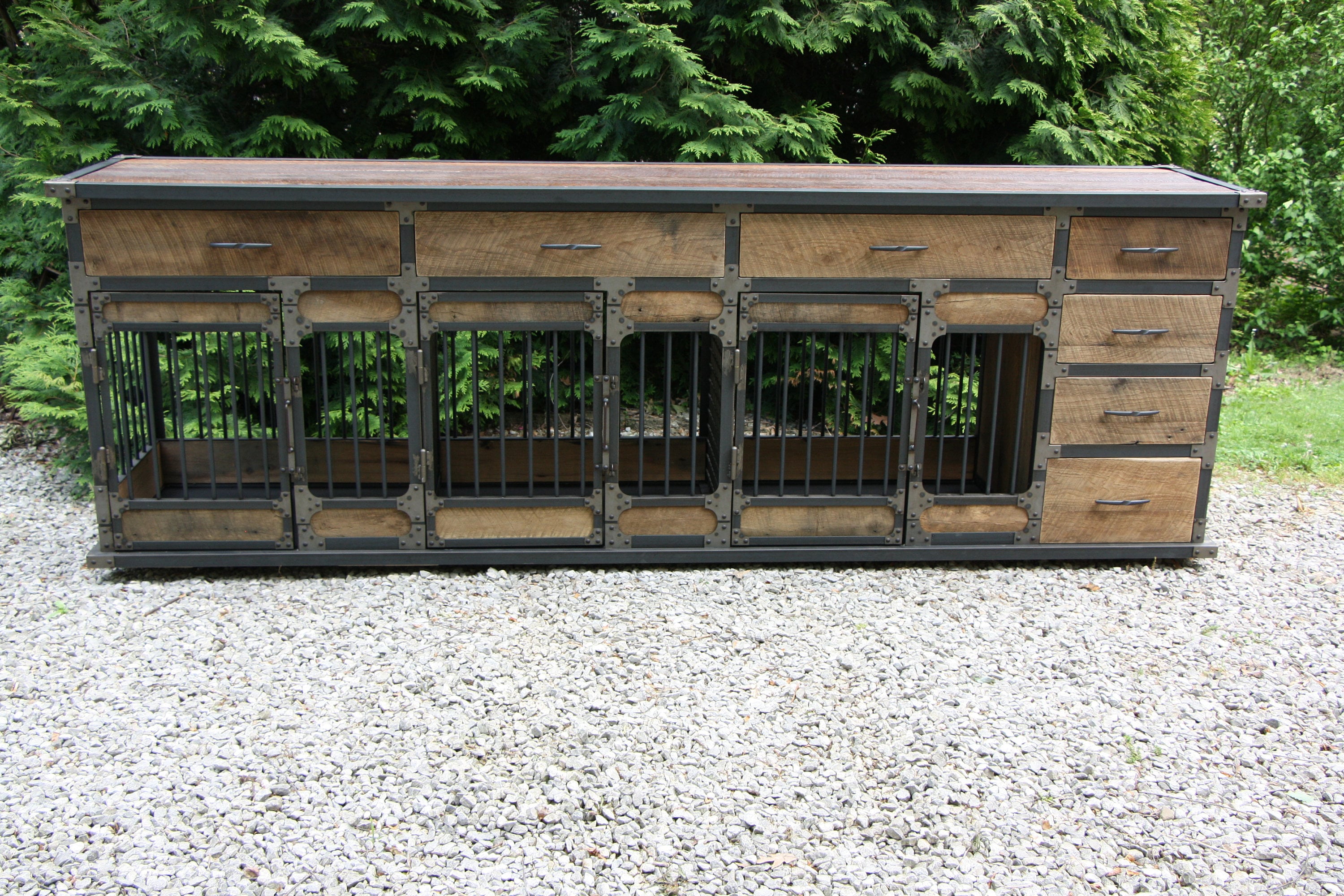 Rustic Industrial Dog Room Kennel, Crate - Riveted Steel Kennel With Reclaimed Barn Wood #1307