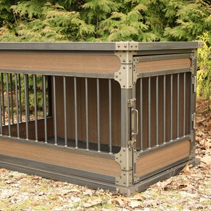 Rustic Industrial Dog Kennel, Dog Crate - Riveted Steel Dog Kennel with Poly Wood #5030