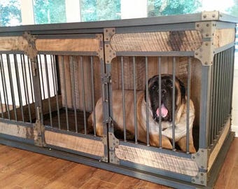 Extra Large Rustic Industrial Dog Kennel, Dog Crate - Riveted Steel Dog Kennel with Reclaimed Barn Wood #783636