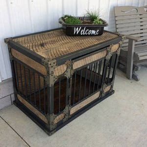Rustic Industrial Dog Kennel, Dog Crate - Riveted Steel Dog Kennel with Reclaimed Barn Wood #2623