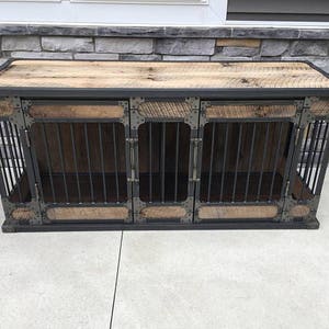 Rustic Industrial Dog Kennel, Dog Crate Double Door - Riveted Steel Dog Kennel with Reclaimed Barn Wood #782636