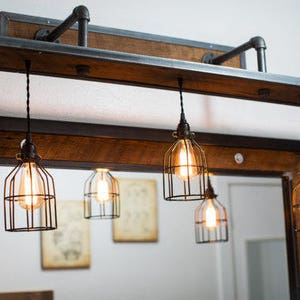 Rustic Industrial Light - Steel and Barn Wood Vanity Light (Cage Shade) w/Bulbs #L1303