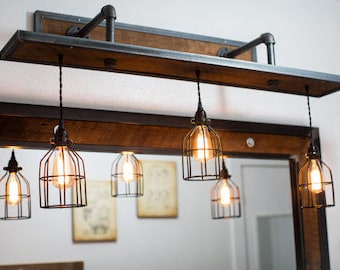 RESERVED Lisa Hurlburt Rustic Industrial Light - Steel and Barn Wood Vanity Light (Cage Shade) w/Bulbs L1303