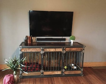 Dog Kennel, Dog Crate - Rustic Industrial - Riveted Steel Dog Kennel with Reclaimed Barn Wood #2231