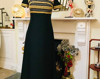 Vintage 1960/70s Gold & Black Classic Maxi Dress, Size 8/10