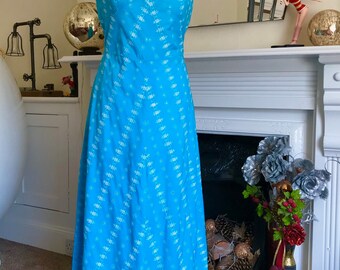 Vintage late-1960s Turquoise Halterneck Maxi Dress, Size 12/14