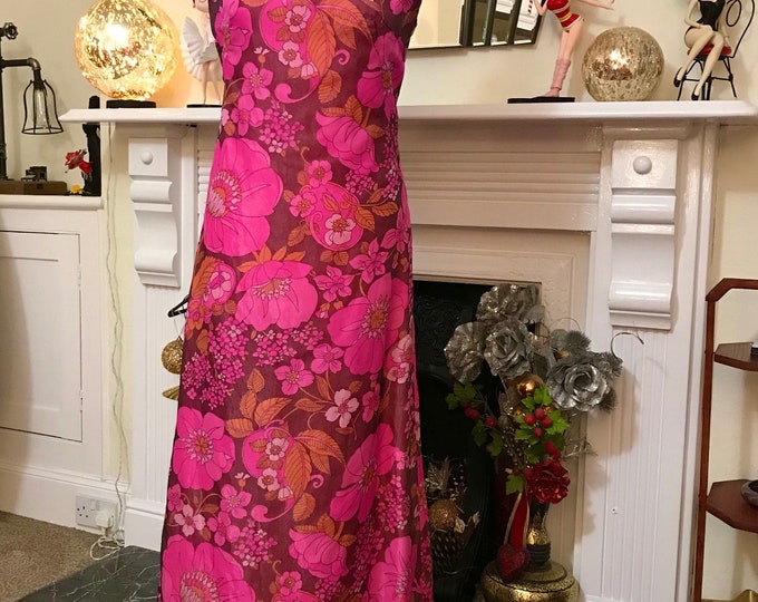 Vintage 1960/70s Pink & Orange Floral Chiffon Maxi Dress Size - Etsy