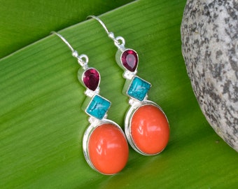 Red Coral Earring, Amethyst Earring, Turquoise, Handmade Earring, Drop Dangle Earring, 925 Sterling Silver Plated Earring, Gift for Girl