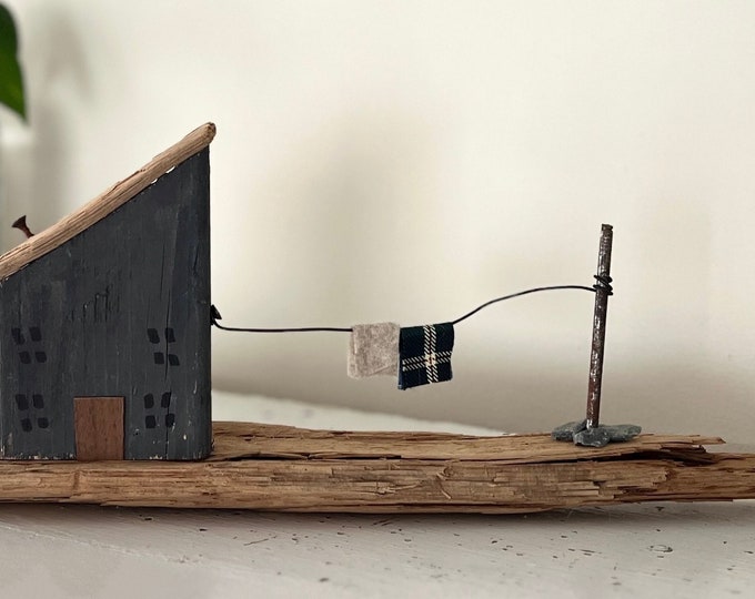 Nova Scotia Driftwood House With Clothesline and Tartan Blanket, Handmade in Nova Scotia New