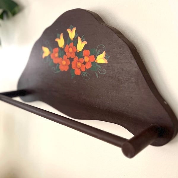 Vintage Brown Floral Hand Painted Kitchen Towel Holder, Retro Kitchen Wall Decor