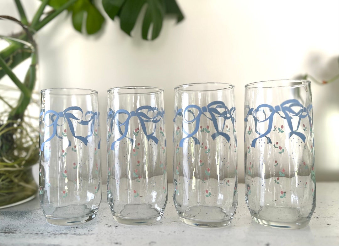 Vintage Blue Ribbon Libbey Glass Drinking Glasses, 80s Floral