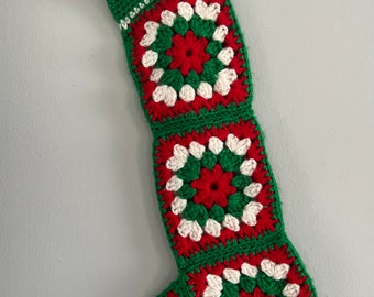 Vintage Handmade Crochet Granny Square Christmas Stocking