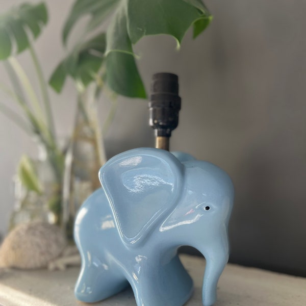 Vintage Blue Ceramic Elephant, 80s Zoo Animal Safari Nursery Decor