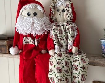 Vintage Handmade Mr and Mrs Clause Cloth Dolls, Retro Christmas Decor