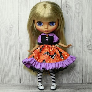 Conjunto de Blythe Halloween con murciélagos: Vestido, enagua y medias
