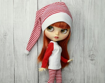 Christmas outfit for Blythe: Striped hat, long sleeve & leggings