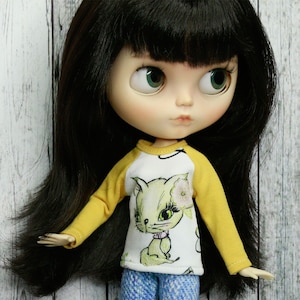 Blythe long sleeve mustard shirt with kitten. Top for Blythe