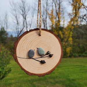 Wooden ornament pebble birds on branch. Unique ornament. Pebble art 3&quot; The perfect Christmas gift. All Natural wood, and pebbles.