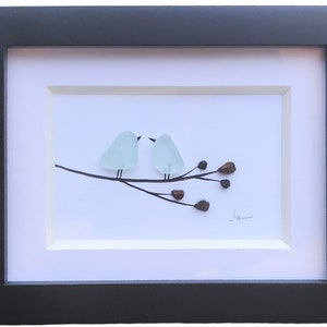 Mini framed art, Seaglass birds on branch, Seaglass art, unique art. The perfect gift for desk or shelf. Sea Glass love birds 3.5x4 in frame
