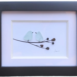 Sea glass birds on a pebble branch: Hand-Collected SeaGlass Pebble Art, Coastal Birds Branch Decor (3.5x4 Inch Frame)
