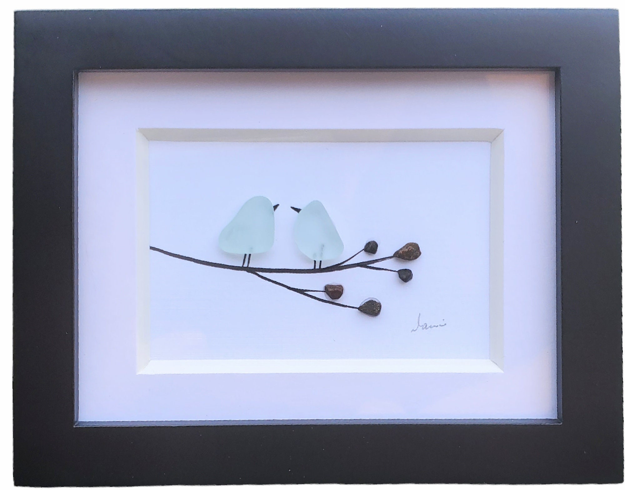Seaglass Bird Art: Mini Framed Pebble Branch, Coastal Decor