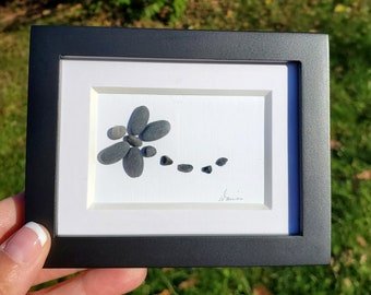 Mini Frame Desk art Dragonfly. Perfect gift. Dragonfly made from hand selected pebbles. Mini 3.5x4 frame with Matt and Glass.