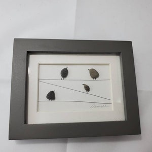 Mini Framed Art Birds on a wire Pebble art, Made in Maine, Simple art, birds on a wire pebble art. Bird on a wire rock art. Stone art