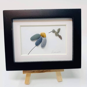 Mini Frame hummingbird flowers pebble art, Desk frame pebble art, framed pebble art hummingbird and flowers. Rock art hummingbird and flower