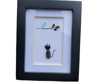Mini framed Desk art of a Cat watching seaglass birds pebble art, Mini frame kitten pebble art, 3.5x4 in size. Sea glass and pebble art