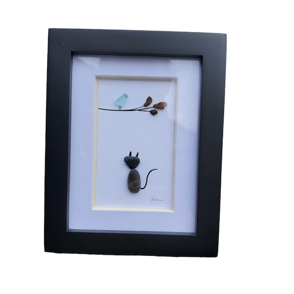 Mini Framed Cat Pebble Art: Seaglass Birds, Desk Decor