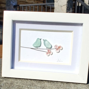 Mini desk framed art Sea glass birds with shell flowers, natural Seaglass,  unique art. The perfect gift for someone who works from home.