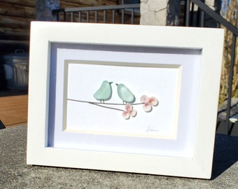 Mini desk framed art Sea glass birds with shell flowers, natural Seaglass,  unique art. The perfect gift for someone who works from home.