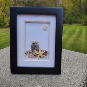 Mini Pebble Art: Couple on Beach with Seashells, Sand Dollar (3.5x4 inch)