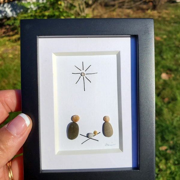 Mini Desk Frame Nativity set Unique Nativity pebble art! Framed Nativity pebble art with Glass and Matt. 3.5 inch x4 inches. Perfect gift!