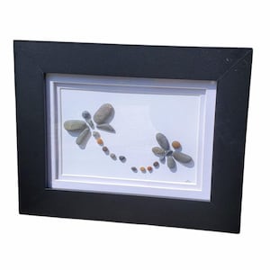 Dragonfly pebble art. Perfect gift. Dragonfly made from hand selected pebbles. 6x9 inch frame with Mat and Glass.