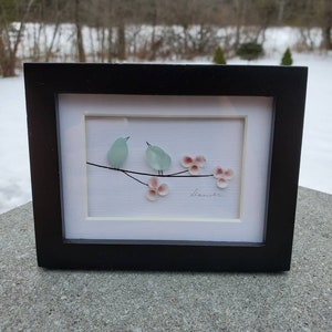 Mini framed art,  Sea glass bird with flower shells, natural Seaglass art. The perfect desk art for someone who works from home. Unique gift