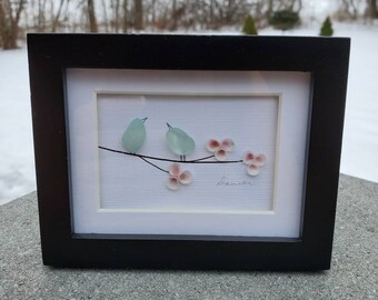 Mini desk frame, Seaglass bird with flowers, natural Seaglass art, unique art. The perfect gift for desk, office gift who works from home