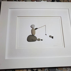 Framed fishing pebble art, person fishing pebble art, Stone art fishing, rock art fishing, Camp pebble art, camp stone art