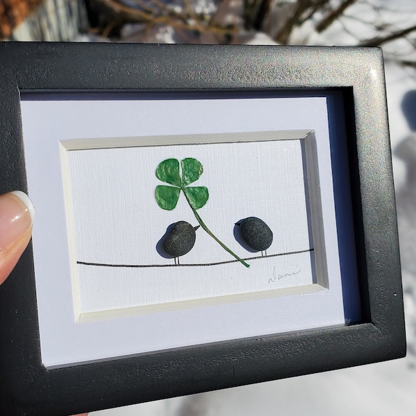 Mini framed pebble art, 4 leaf clover and pebble birds on wire art.  Gift the luck of the Irish. Four leaf clover fern dried.