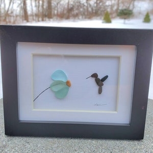 Mini Hummingbird Sea glass flowers framed art. 3.5 x 4 inches.  Perfect gift! Seaglass hummingbird pebble art. Unique gift