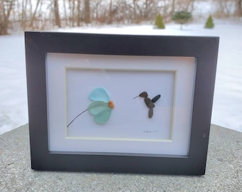 Mini Desk art Hummingbird Sea glass flowers framed art. 3.5 x 4 inches.  Perfect gift! Seaglass hummingbird pebble art. Unique gift