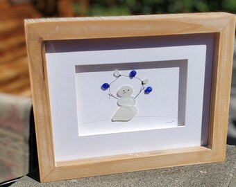 Sea Glass Snowman Art, Framed Pebble Artwork, Maine Coastal Decor