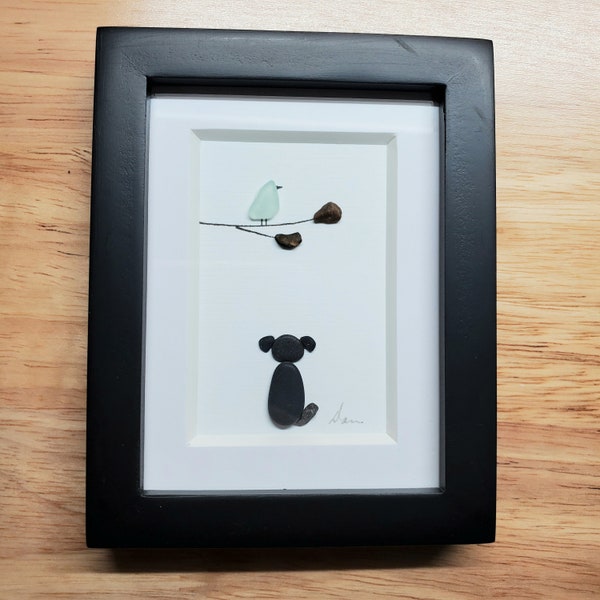 Mini Sea glass and pebbles art!  Puppy looking at a tree branch with a sea glass bird, framed desk art with glass. Made in Maine!