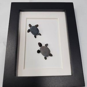Handcrafted Turtle Art: Unique Pebble Creations in perfect Mini Frame, Celebrating Nature&#39;s Beauty with Materials from New England&quot;