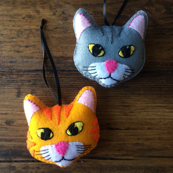 Ginger, grey or black handmade felt cat ornaments