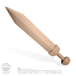 May include: A cardboard sword with a pointed tip and a handle. The sword is made of light brown cardboard and has a simple design. The image also includes the text "PDF" and "TEMPLATES + TUTORIAL".
