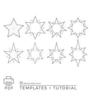 May include: A printable PDF template and tutorial for making a paper star ornament. The template includes a solid star and seven different outlines for folding and cutting.