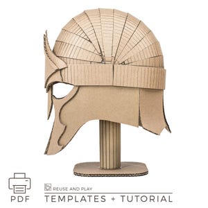 Side view of cardboard knight helmet showing layered construction and curved shape. Printable template designed for stable and lightweight build. Suitable for cosplay, costumes, and medieval-themed projects.