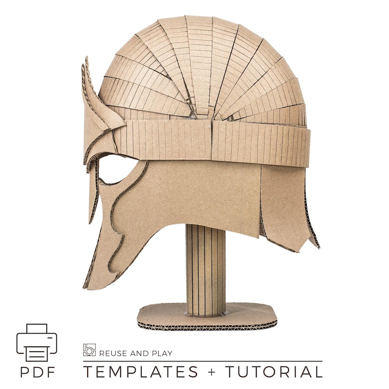 Side view of cardboard knight helmet showing layered construction and curved shape. Printable template designed for stable and lightweight build. Suitable for cosplay, costumes, and medieval-themed projects.