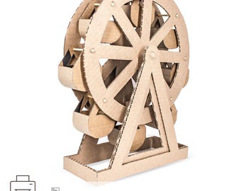 May include: A cardboard Ferris wheel model kit with instructions. The kit is made of brown cardboard and has a simple design. The kit includes templates and a tutorial for building the Ferris wheel.